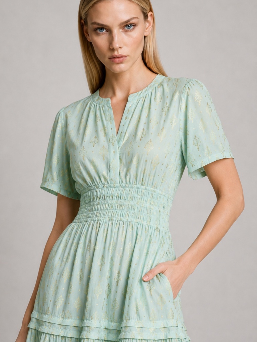 Solara Mint Tiered Midi Dress Smocked Waist Somerset Dress Alternative -